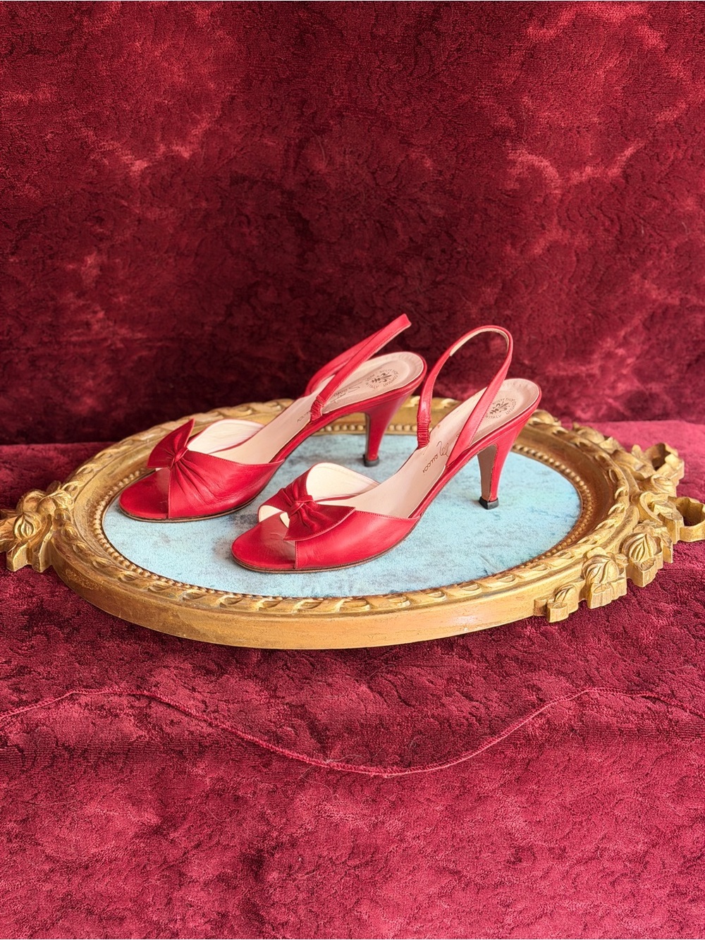 Sesto Meucci Red Leather Slingback Heels with Front Knot Bow Vintage 70s/80s
